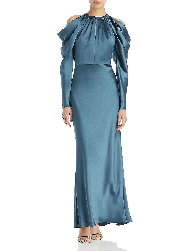 Womens Satin Cold Shoulder Evening Dress