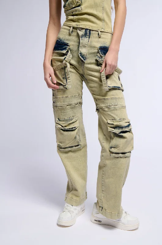 CAPRICE DISTRESSED DENIM CARGO CONVERTIBLE ZIP OFF PANT