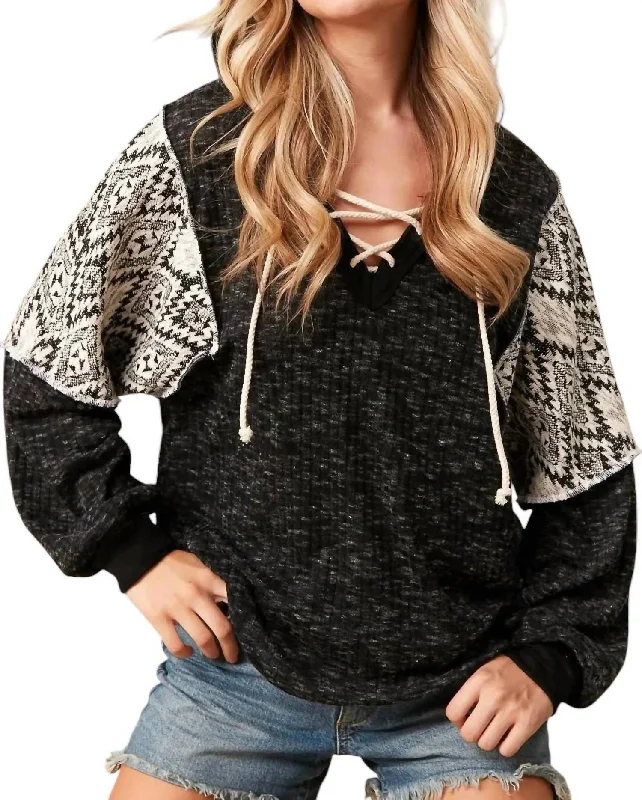 Lace Up Hoodie With Aztec Sleeves In Black