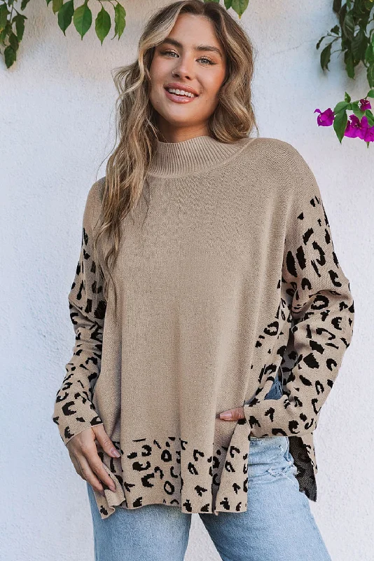 Leopard High Neck Side Slit Oversized Sweater